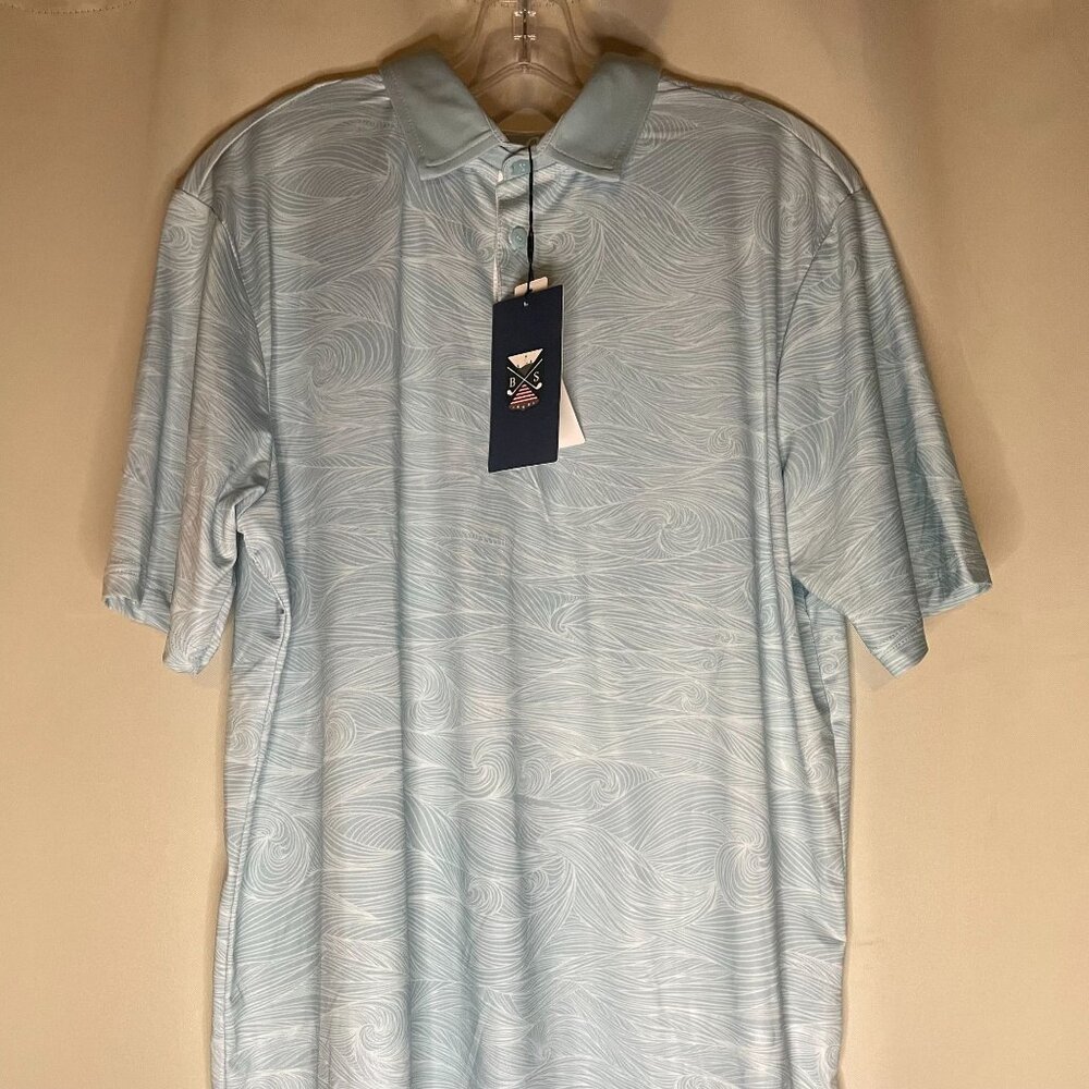 Boston Scott Links Collection NWT Men's Golf Polo Size L Light Blue/White Wave